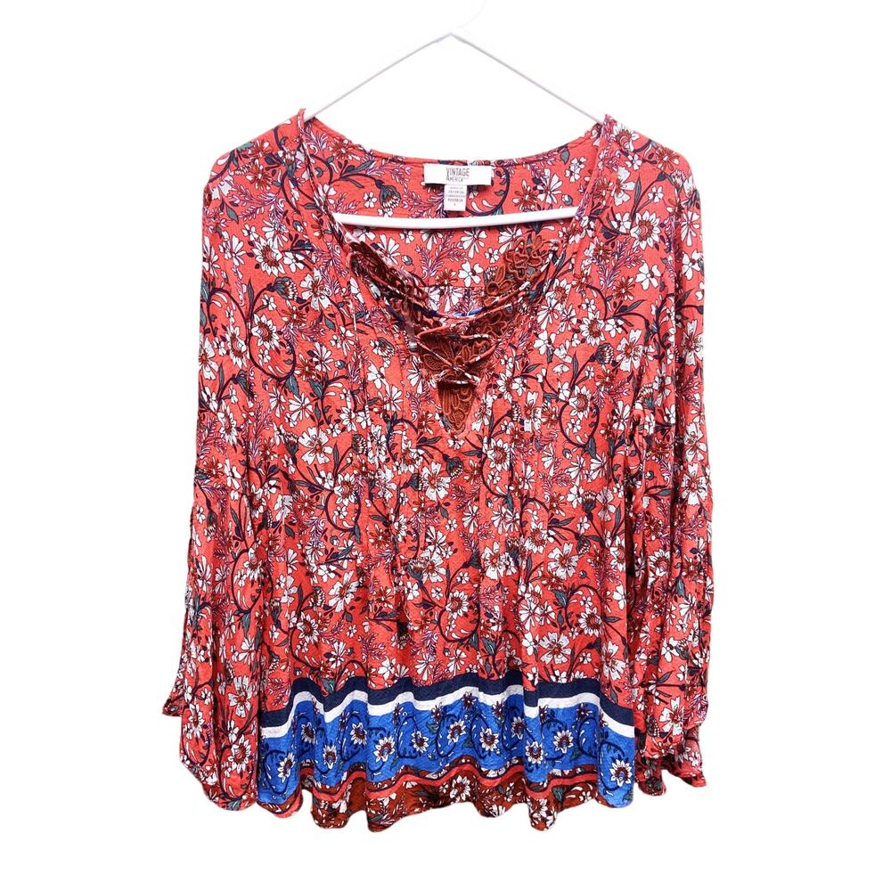 Vintage America Blues Floral Bell Sleeve Top Lace Up V Neck Blouse Size L